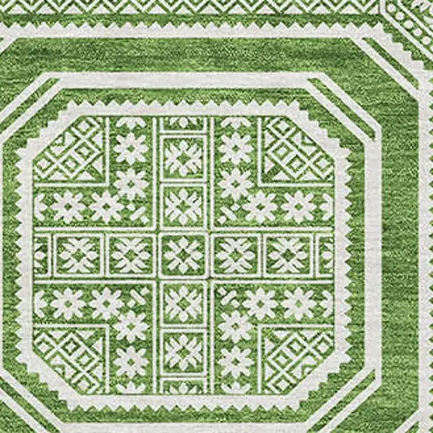 Green And Ivory Geometric Washable Area Rug With UV Protection Photo 2