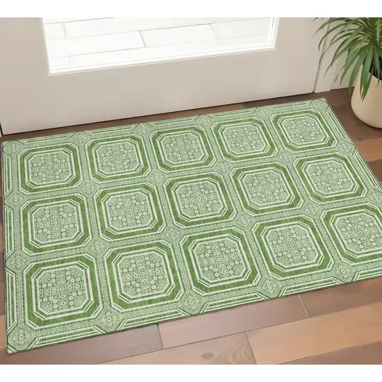 Green And Ivory Geometric Washable Area Rug With UV Protection Photo 1