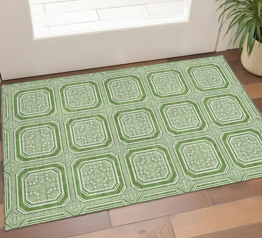 Green And Ivory Geometric Washable Area Rug With UV Protection Photo 1