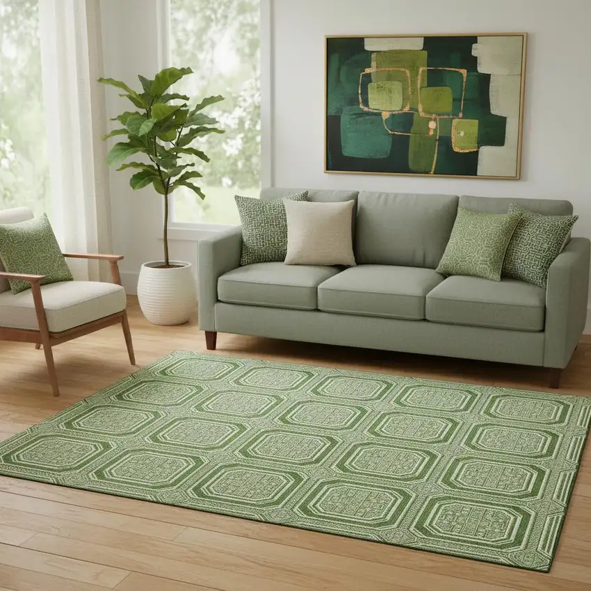 Green And Ivory Geometric Washable Area Rug With UV Protection Photo 2