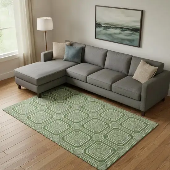 Green And Ivory Geometric Washable Area Rug With UV Protection Photo 2