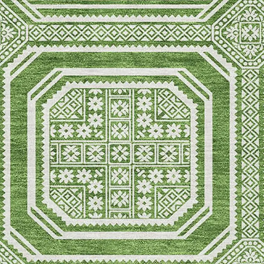 Green And Ivory Geometric Washable Area Rug With UV Protection Photo 3