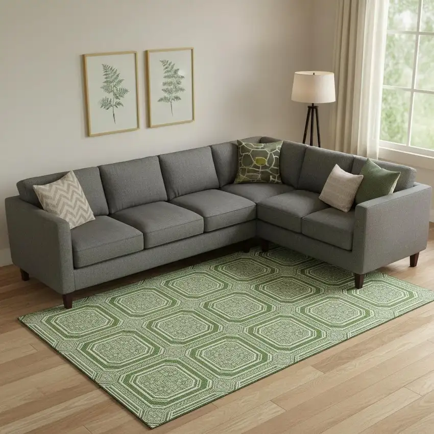 Green And Ivory Geometric Washable Area Rug With UV Protection Photo 2