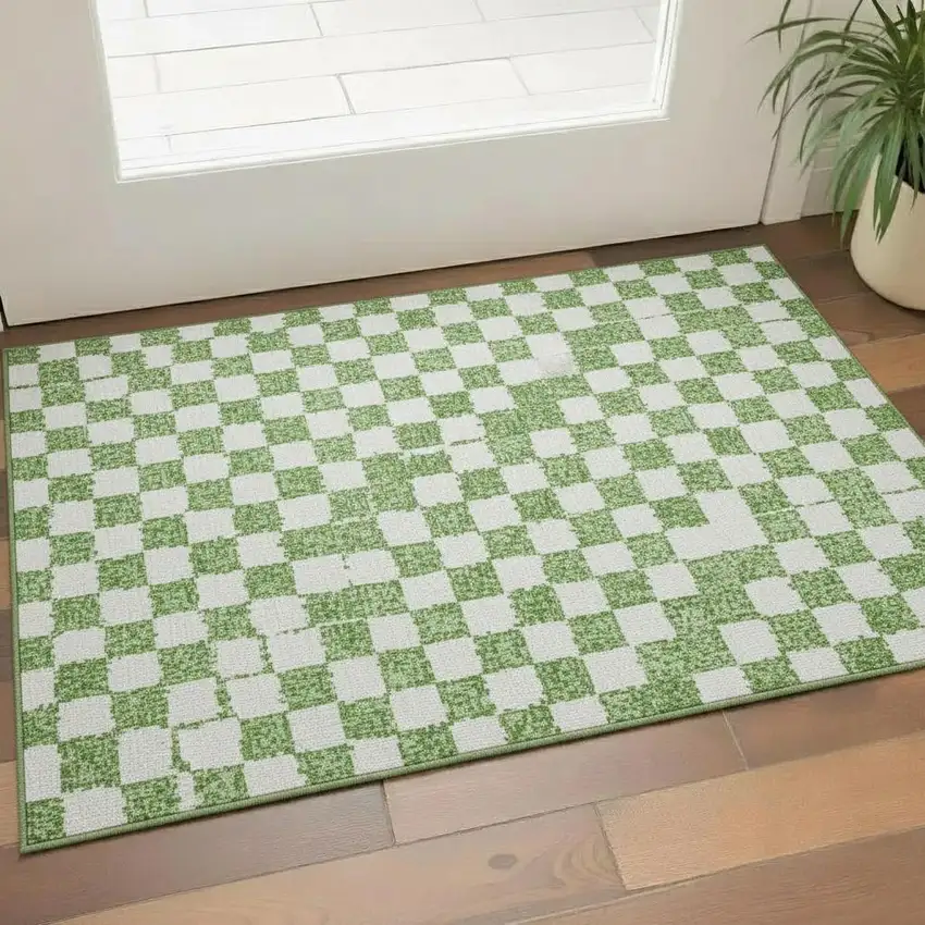 Green And Ivory Geometric Washable Area Rug With UV Protection Photo 2