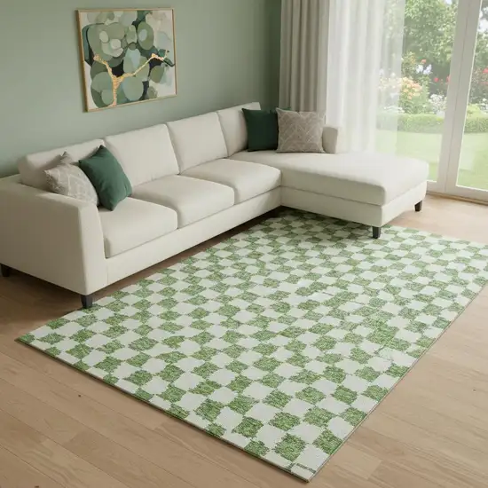 Green And Ivory Geometric Washable Area Rug With UV Protection Photo 2
