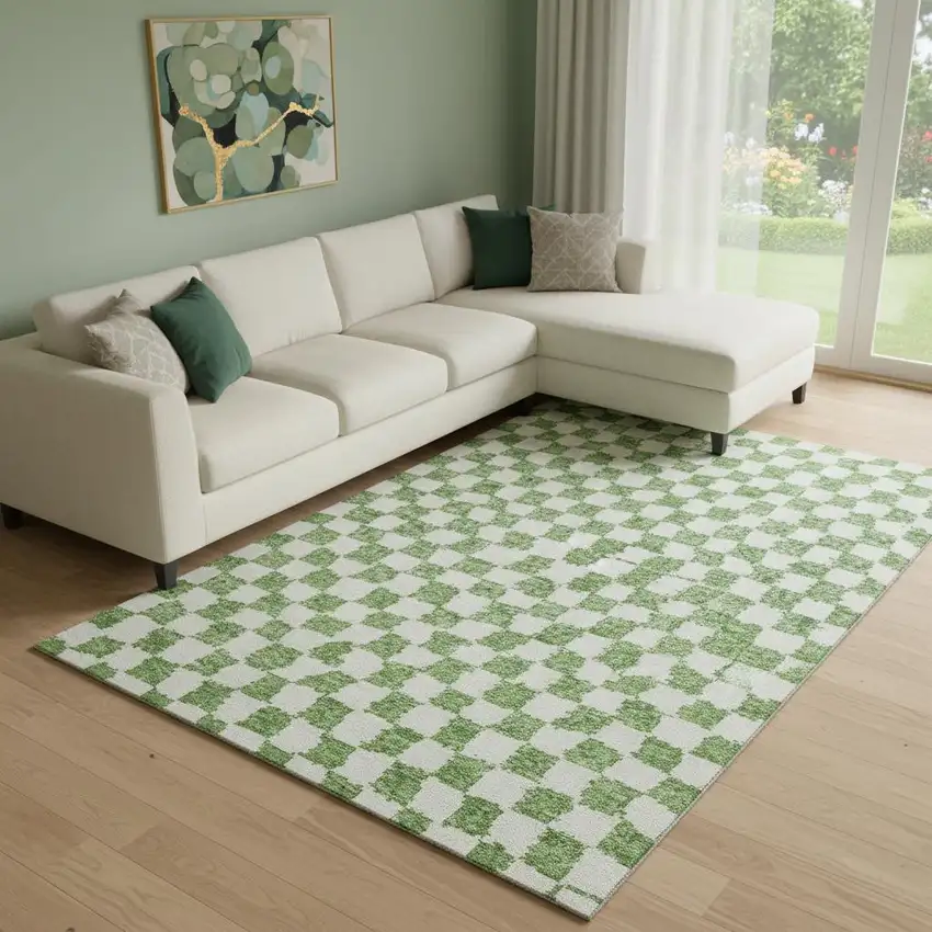 Green And Ivory Geometric Washable Area Rug With UV Protection Photo 2