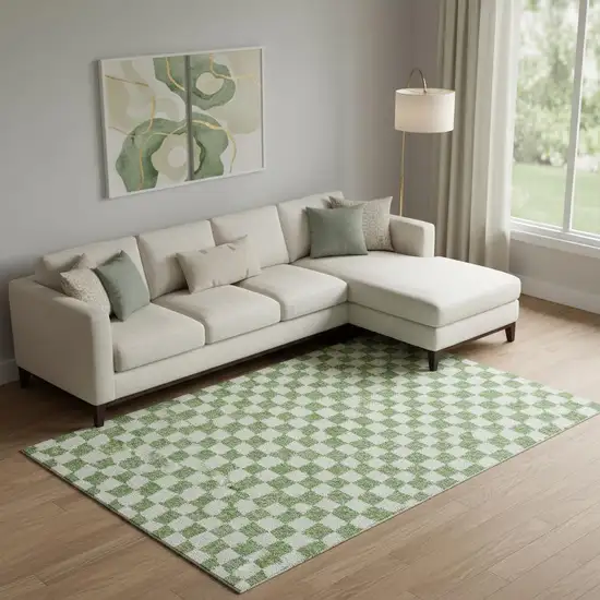 Green And Ivory Geometric Washable Area Rug With UV Protection Photo 2