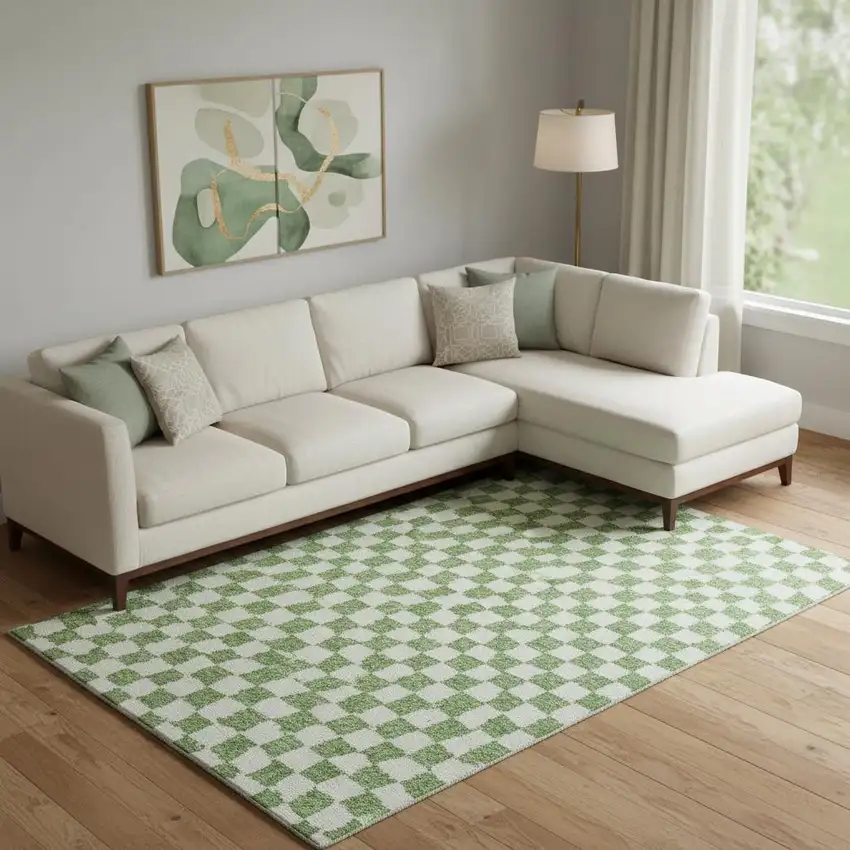 Green And Ivory Geometric Washable Area Rug With UV Protection Photo 2