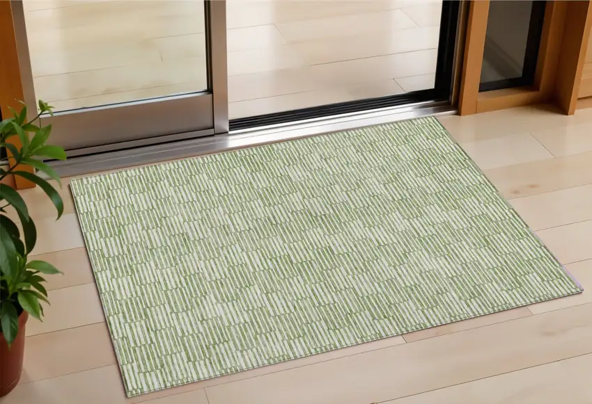 Green And Ivory Geometric Washable Indoor Outdoor Area Rug Photo 1