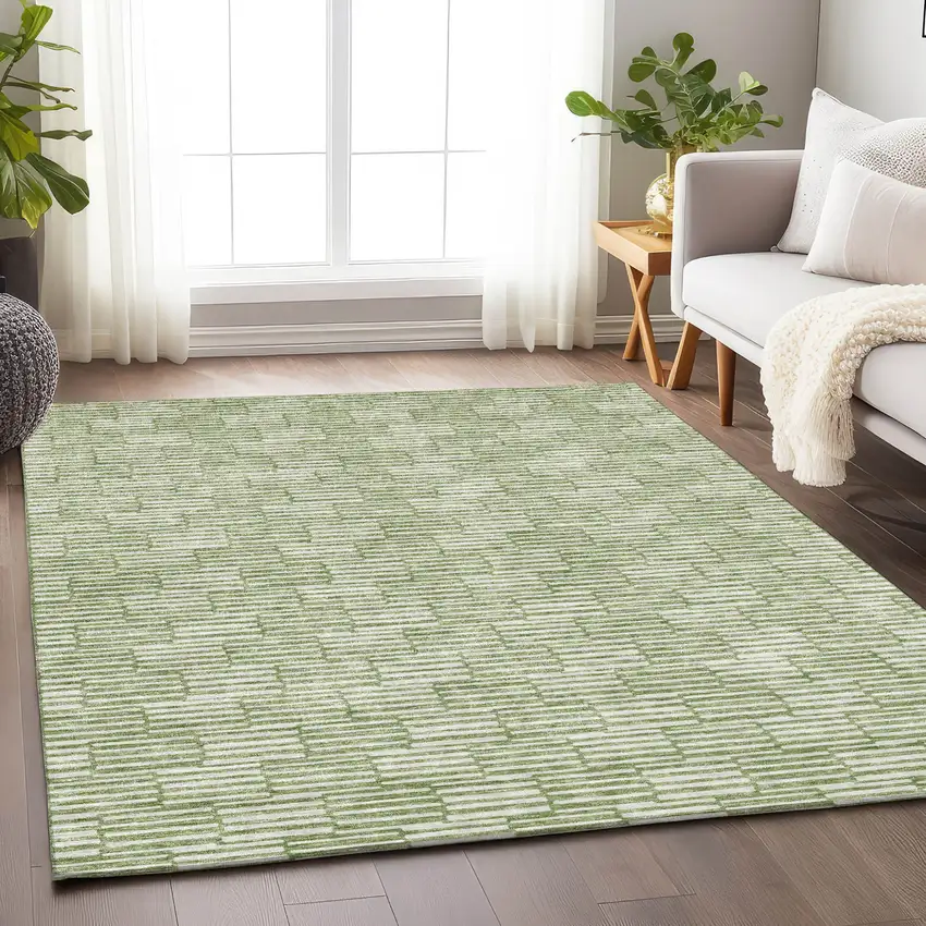 Green And Ivory Geometric Washable Indoor Outdoor Area Rug Photo 9