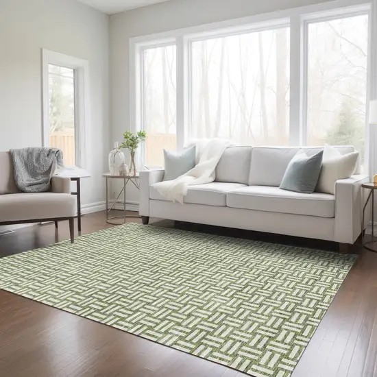 Green And Ivory Geometric Washable Indoor Outdoor Area Rug Photo 9
