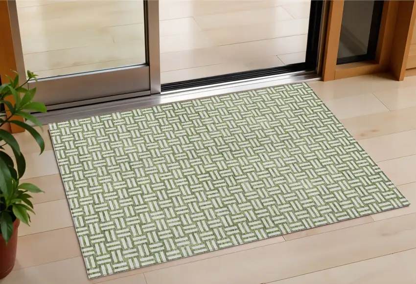 Green And Ivory Geometric Washable Indoor Outdoor Area Rug Photo 1