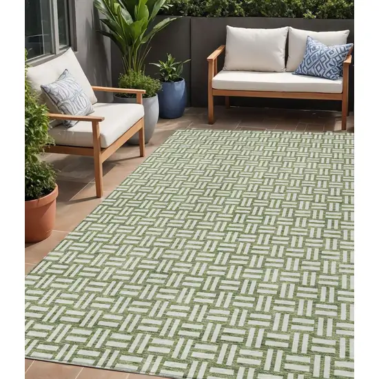 Green And Ivory Geometric Washable Indoor Outdoor Area Rug Photo 1