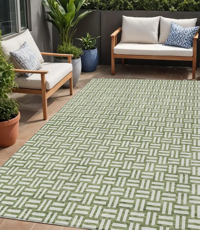 Green And Ivory Geometric Washable Indoor Outdoor Area Rug Photo 1