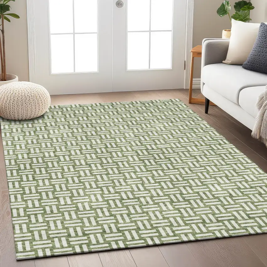 Green And Ivory Geometric Washable Indoor Outdoor Area Rug Photo 9
