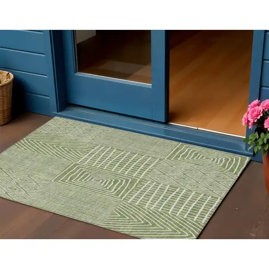 Green And Ivory Geometric Washable Indoor Outdoor Area Rug Photo 1