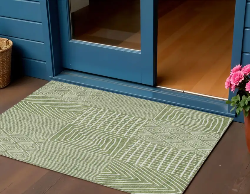 Green And Ivory Geometric Washable Indoor Outdoor Area Rug Photo 1