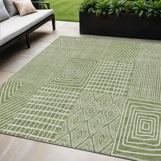 Green And Ivory Geometric Washable Indoor Outdoor Area Rug Photo 1