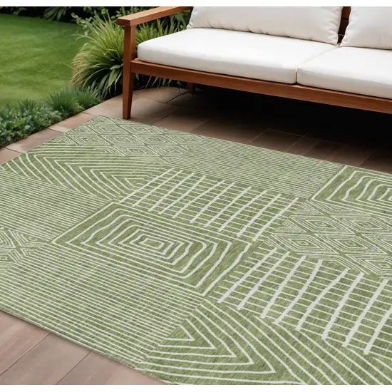 Green And Ivory Geometric Washable Indoor Outdoor Area Rug Photo 1