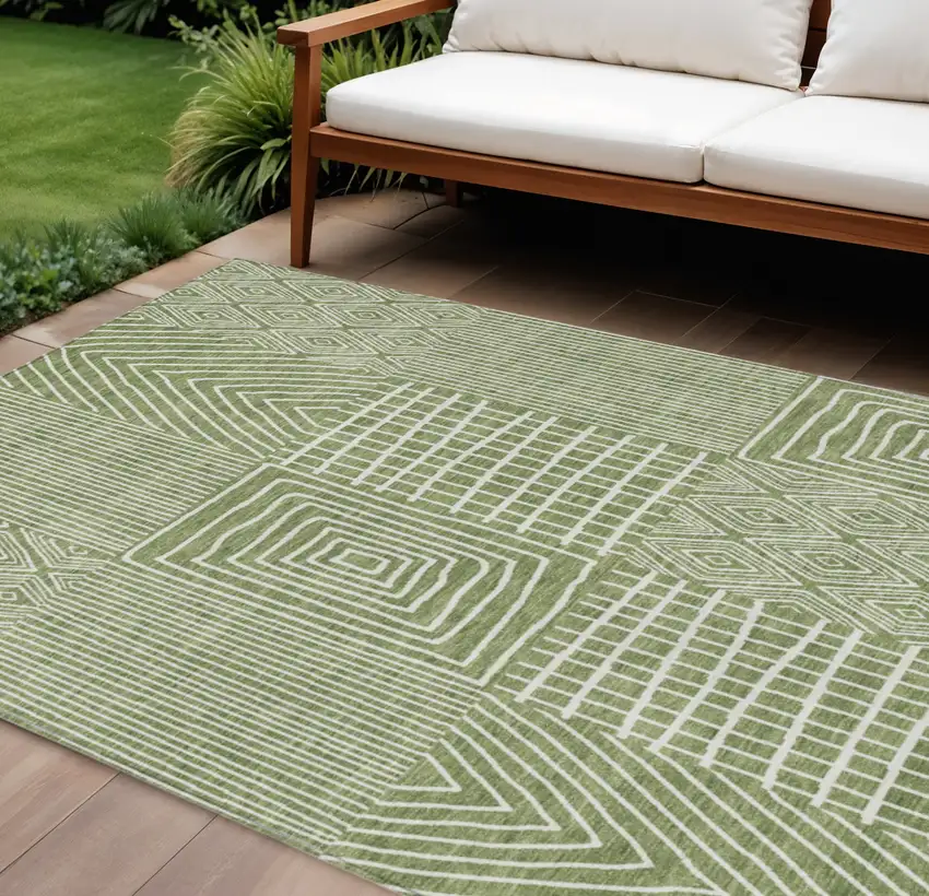 Green And Ivory Geometric Washable Indoor Outdoor Area Rug Photo 1