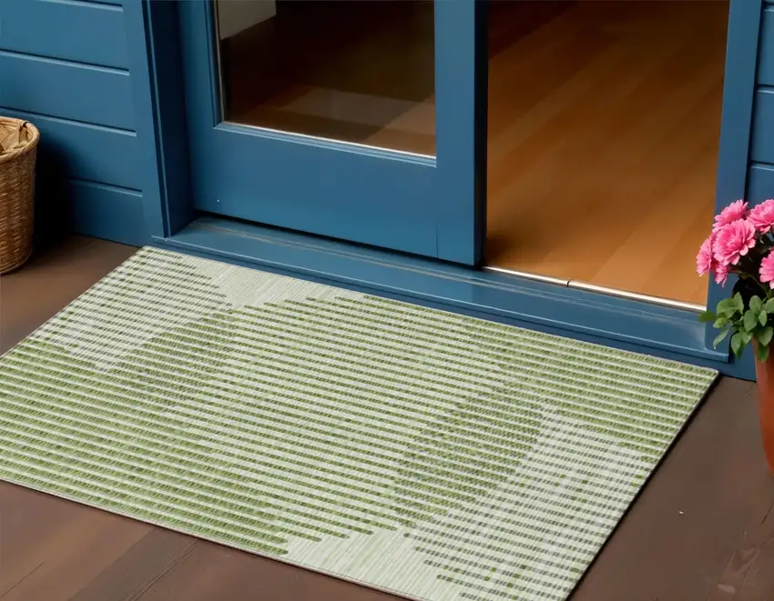 Green And Ivory Geometric Washable Indoor Outdoor Area Rug Photo 1