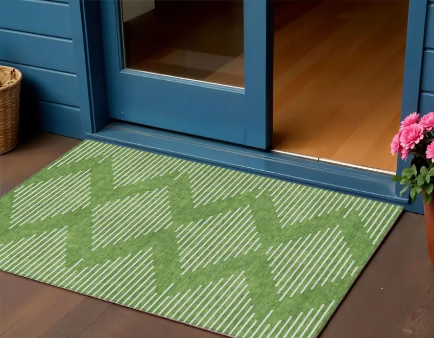 Green And Ivory Geometric Washable Indoor Outdoor Area Rug Photo 1