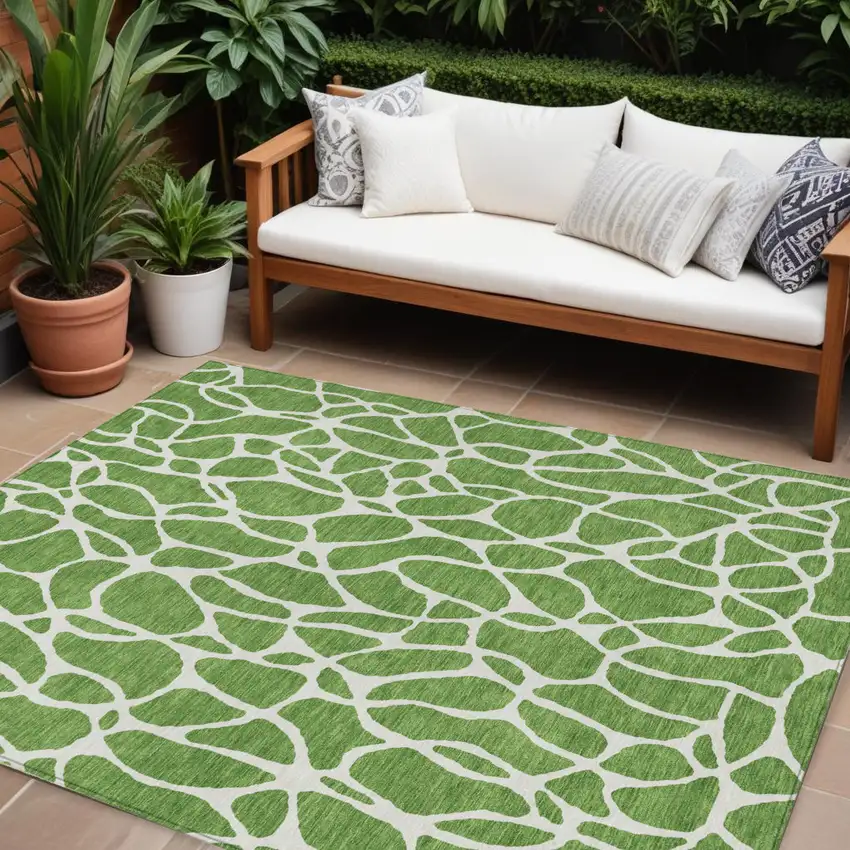 Green And Ivory Geometric Washable Indoor Outdoor Area Rug Photo 1