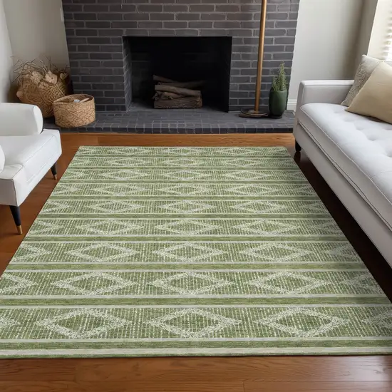 Green And Ivory Geometric Washable Indoor Outdoor Area Rug Photo 9