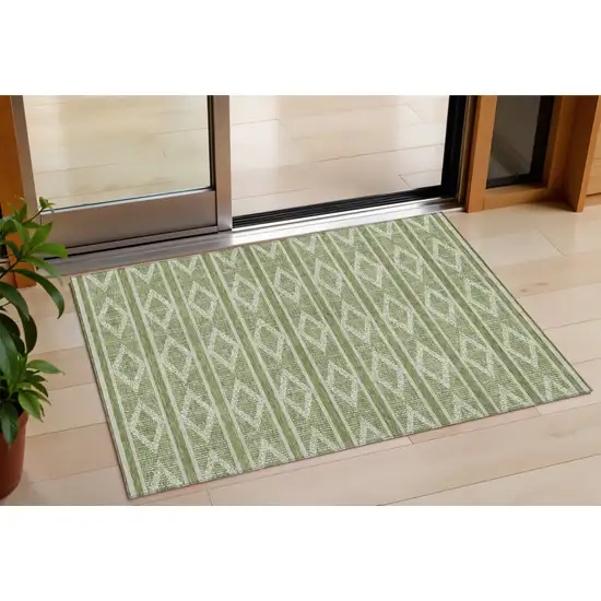 Green And Ivory Geometric Washable Indoor Outdoor Area Rug Photo 1