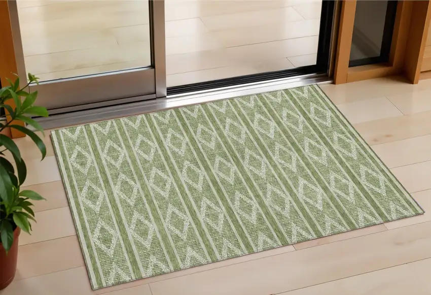 Green And Ivory Geometric Washable Indoor Outdoor Area Rug Photo 1