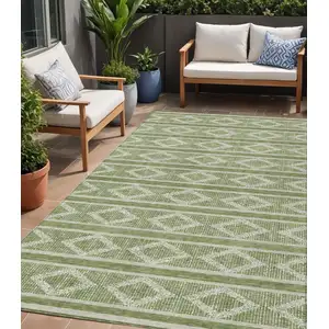 Photo of Green And Ivory Geometric Washable Indoor Outdoor Area Rug