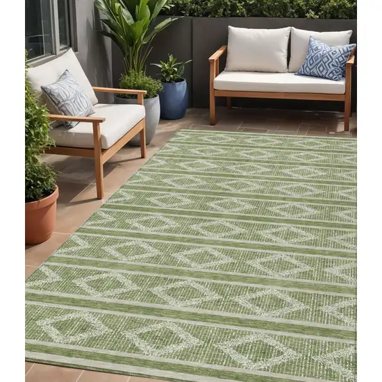 Green And Ivory Geometric Washable Indoor Outdoor Area Rug Photo 1