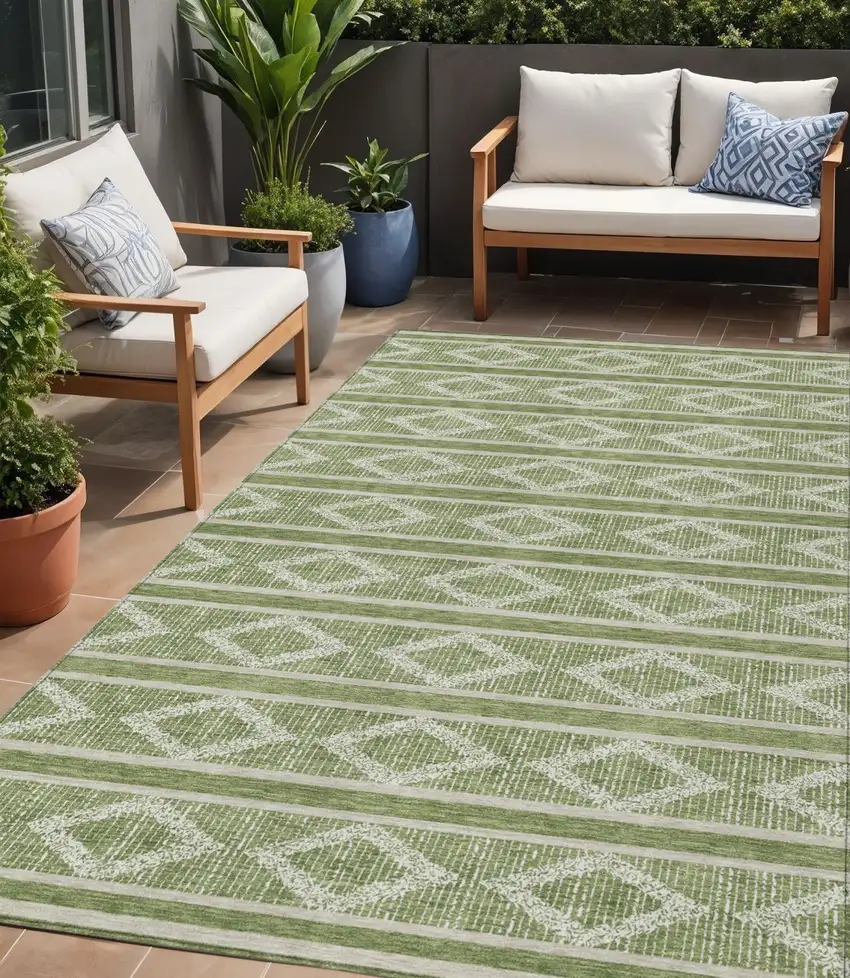 Green And Ivory Geometric Washable Indoor Outdoor Area Rug Photo 1