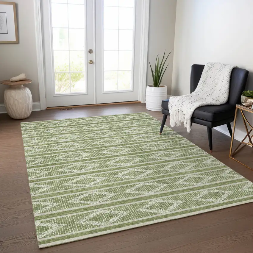 Green And Ivory Geometric Washable Indoor Outdoor Area Rug Photo 9