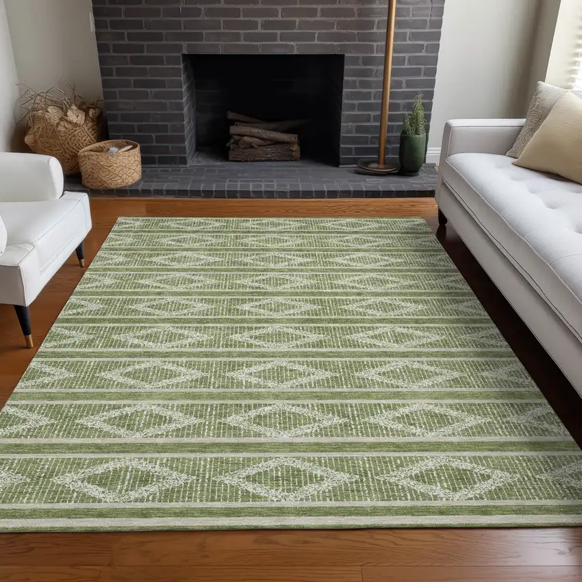 Green And Ivory Geometric Washable Indoor Outdoor Area Rug Photo 9