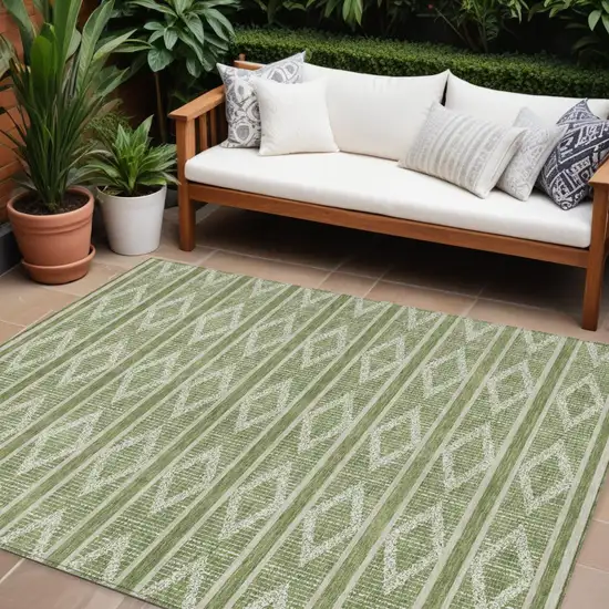 Green And Ivory Geometric Washable Indoor Outdoor Area Rug Photo 1