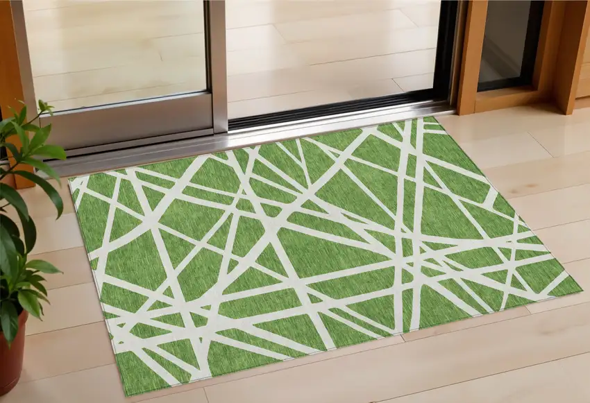 Green And Ivory Geometric Washable Indoor Outdoor Area Rug Photo 1