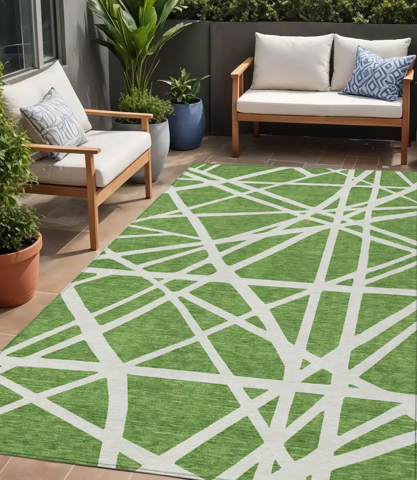 Green And Ivory Geometric Washable Indoor Outdoor Area Rug Photo 1