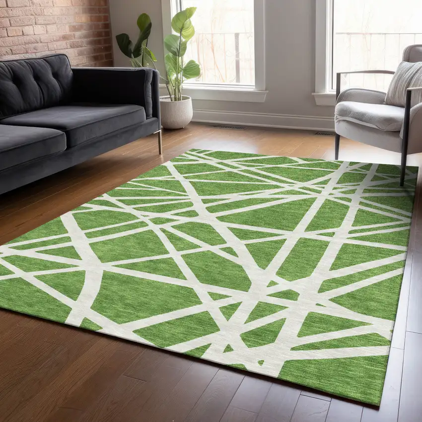 Green And Ivory Geometric Washable Indoor Outdoor Area Rug Photo 9