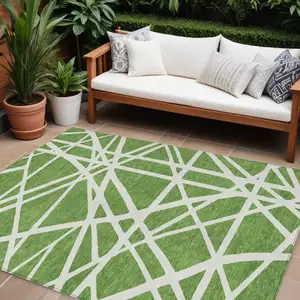 Photo of Green And Ivory Geometric Washable Indoor Outdoor Area Rug
