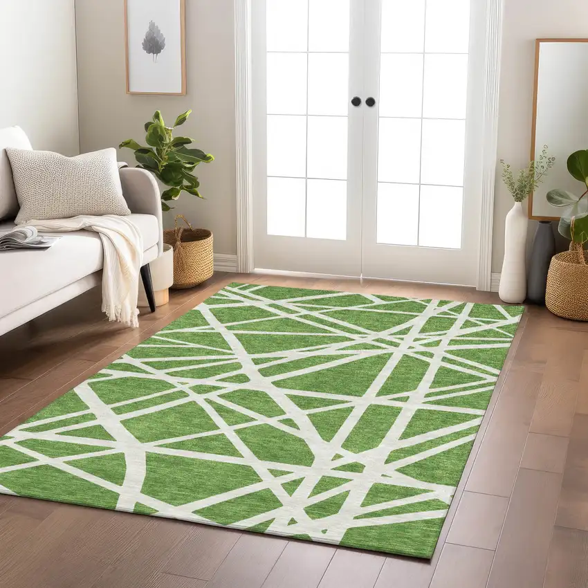 Green And Ivory Geometric Washable Indoor Outdoor Area Rug Photo 9
