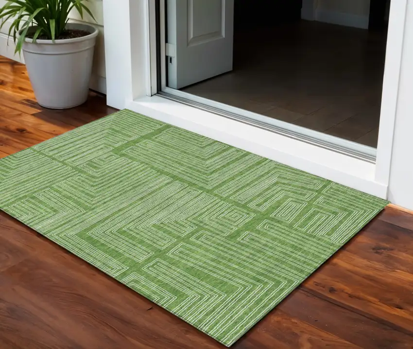 Green And Ivory Geometric Washable Indoor Outdoor Area Rug Photo 1