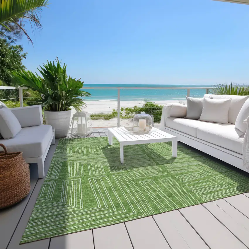 Green And Ivory Geometric Washable Indoor Outdoor Area Rug Photo 9