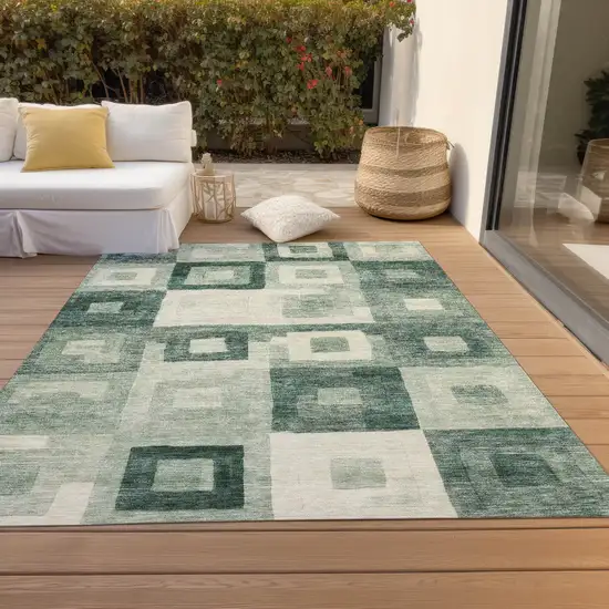 Green And Ivory Geometric Washable Indoor Outdoor Area Rug Photo 9