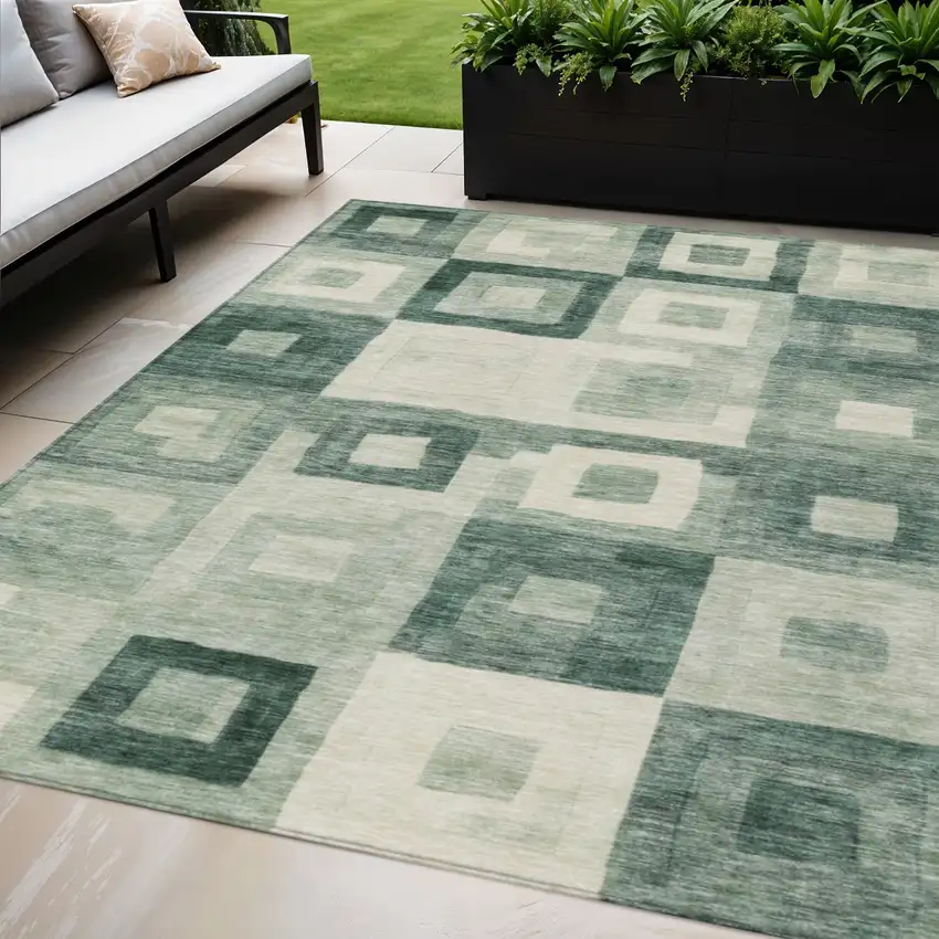 Green And Ivory Geometric Washable Indoor Outdoor Area Rug Photo 1