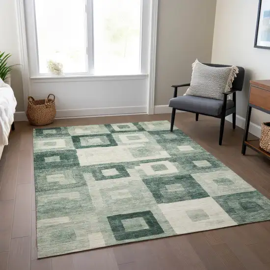 Green And Ivory Geometric Washable Indoor Outdoor Area Rug Photo 9