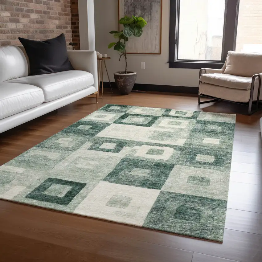 Green And Ivory Geometric Washable Indoor Outdoor Area Rug Photo 8