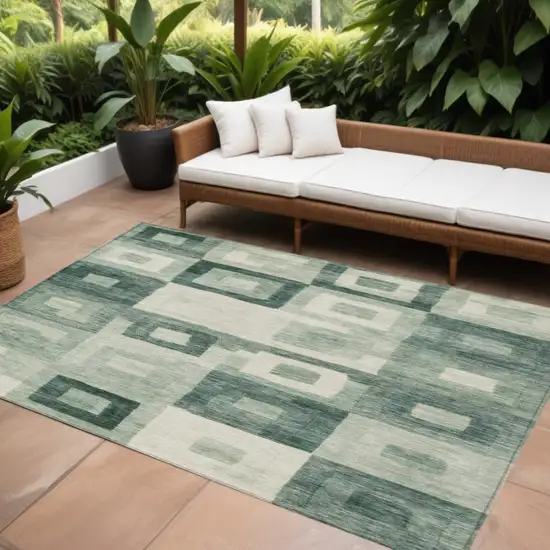 Green And Ivory Geometric Washable Indoor Outdoor Area Rug Photo 1