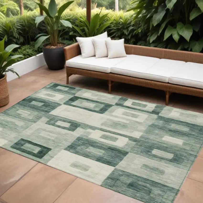 Green And Ivory Geometric Washable Indoor Outdoor Area Rug Photo 1