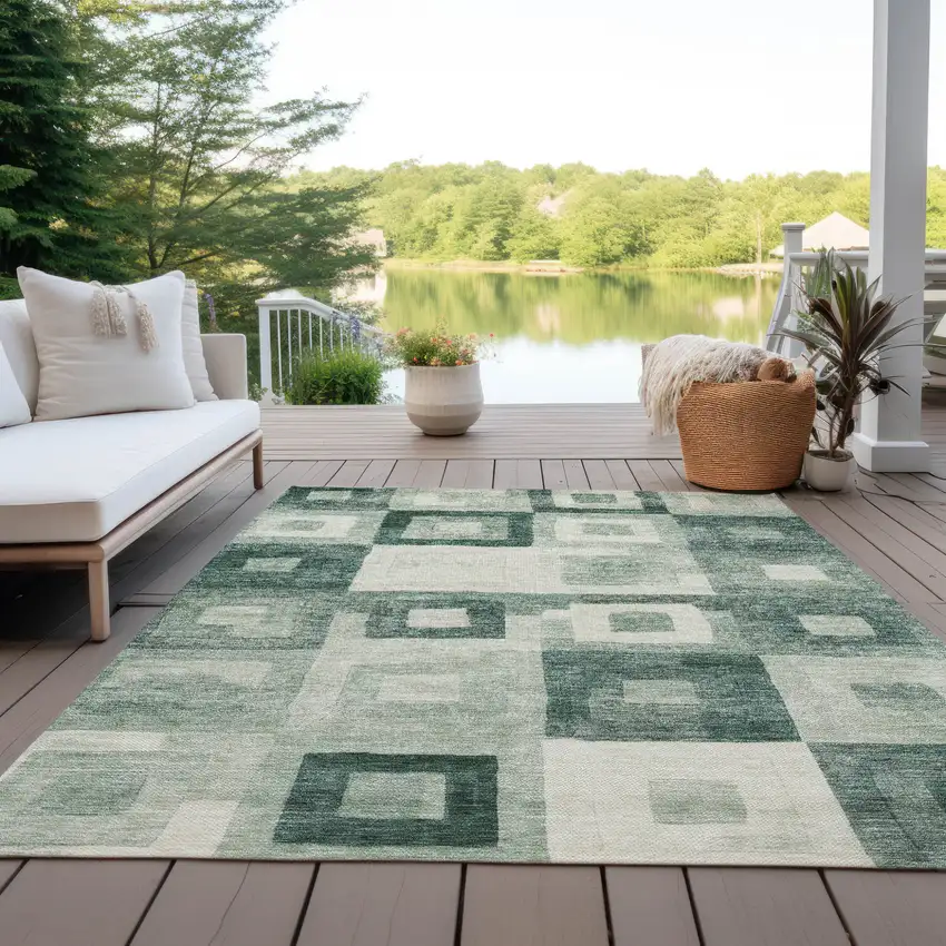 Green And Ivory Geometric Washable Indoor Outdoor Area Rug Photo 7